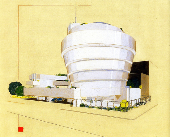 Frank Lloyd Wright, Solomon Guggenheim Museum, New York, 1944, prospettiva con il volume principale a destra.