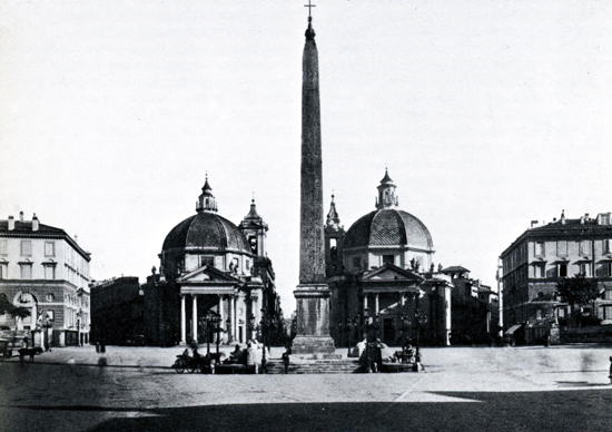 Piazza del Popolo, Roma: a sinistra Santa Maria di Monte Santo, a destra Santa Maria dei Miracoli.