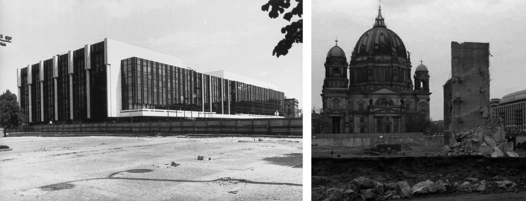 Il Palazzo della Repubblica di Belino nel 1976 e dopo la demolizione