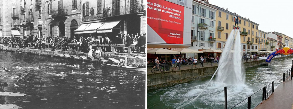 Una gara di nuoto sul Naviglio Grande negli anni ’20 e un’esibizione di flyboard nel corso della manifestazione StraNavigli, 2015. Fonte: Flickr - Milano l’era inscì // www.repubblica.it