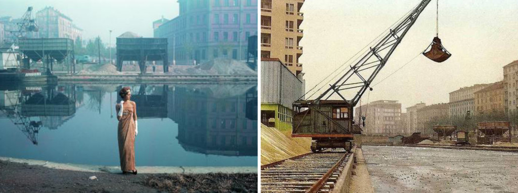 La Darsena com’era, in una foto di Ugo Mulas negli anni ’50 e nell’inverno del 1985, con il bacino ghiacciato. Fonte: Flickr – alterelfo // Flickr – Milano l’era inscì