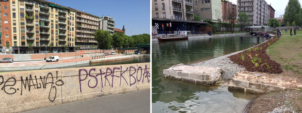 Il “falso sperone” dei bastioni spagnoli visto da viale Gorizia e frammenti di antiche mura in direzione di piazza Cantore. Fonte: Urbanfile