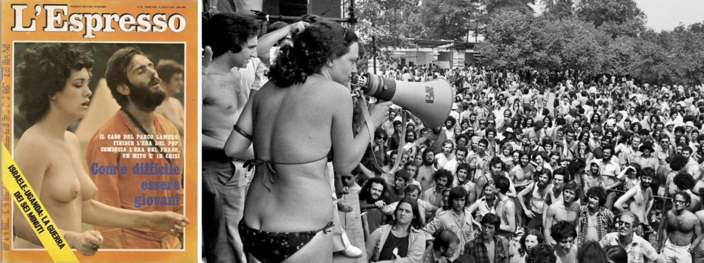 Per l’Espresso, nel 1975 al Parco Lambro “finisce l’era del pop, comincia l’era del freak”: il fiume, per una volta, al centro. Fonte: www.metallized.it // www.news-art.it © Dino Fracchia